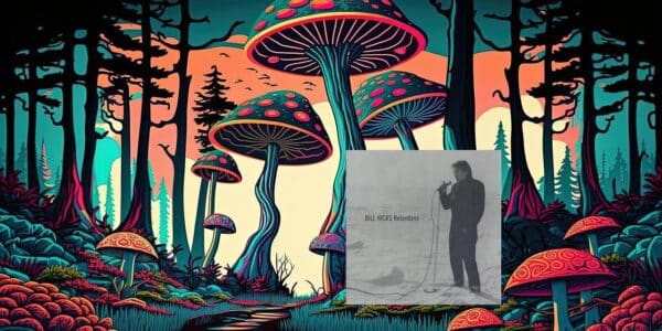 Comedian Bill Hicks against the background of a field of mushrooms.