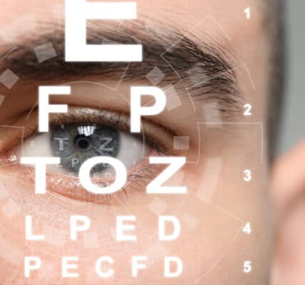 Photo of a woman's eye superimposed with an eye chart.