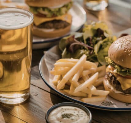 Photo of plates piled high with cheeseburgers and fries plus a pint of amber beer.