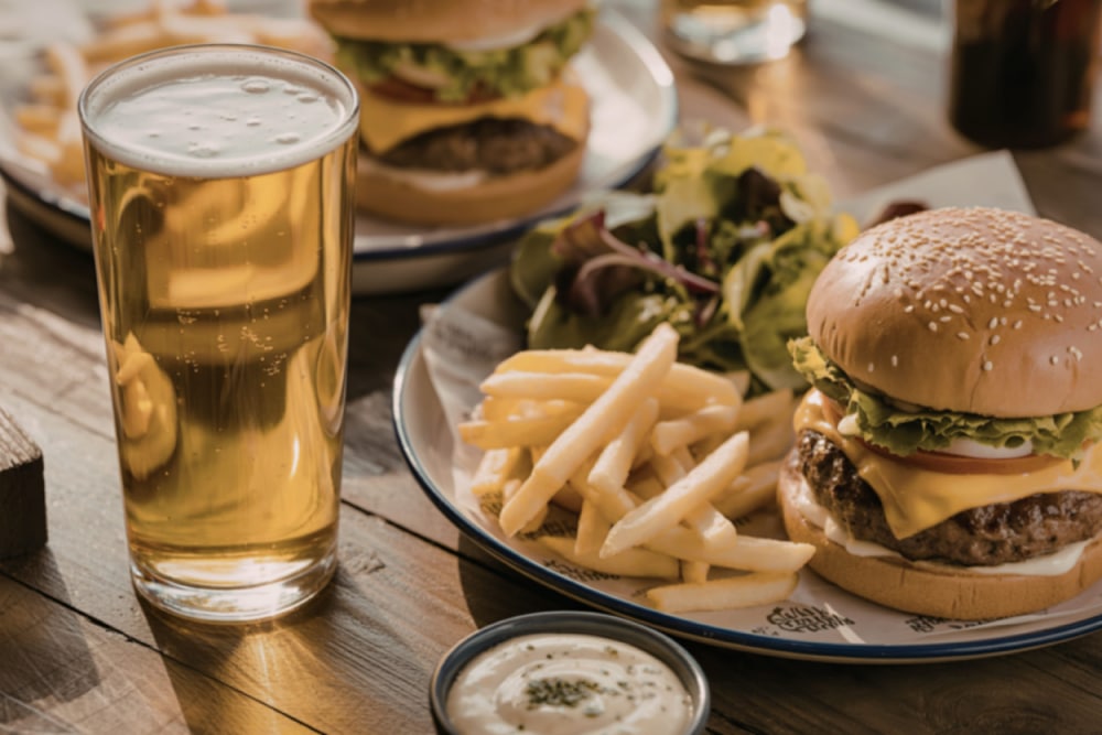 Photo of plates piled high with cheeseburgers and fries plus a pint of amber beer.