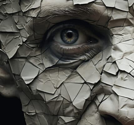 Haunting close up photograph of a man's face covered in chips of paint.