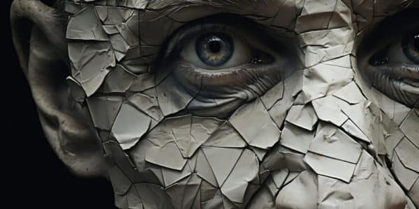 Haunting close up photograph of a man's face covered in chips of paint.