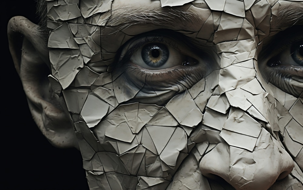 Haunting close up photograph of a man's face covered in chips of paint.