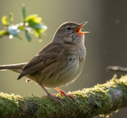 Photograph of a singing bird perched on a moss-covered branch.
