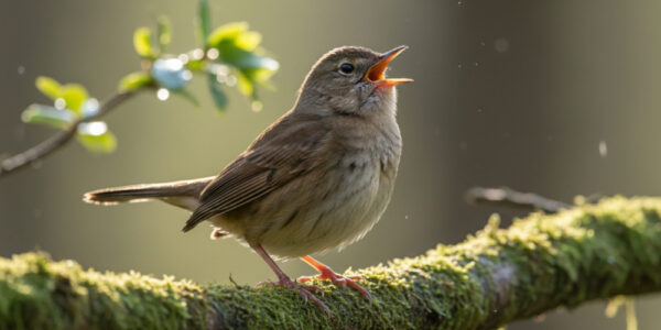 Photograph of a singing bird perched on a moss-covered branch.