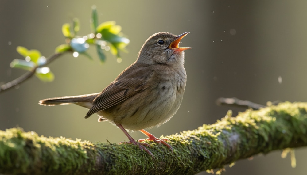 Photograph of a singing bird perched on a moss-covered branch.