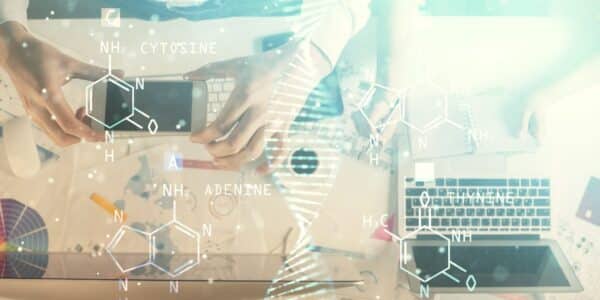 A scientific experiment in vintage colors, with an overlay of chemical symbols.