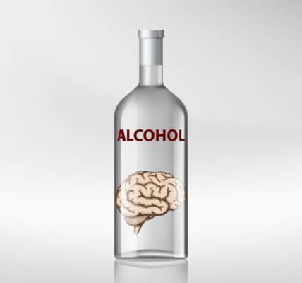 Illustration of a human brain inside a bottle of alcohol.