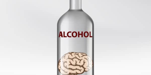 Illustration of a human brain inside a bottle of alcohol.