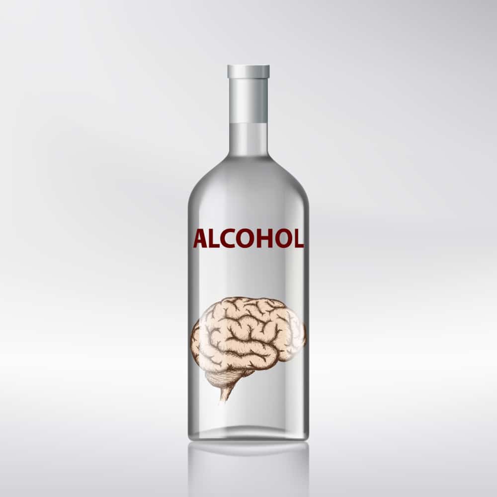 Illustration of a human brain inside a bottle of alcohol.