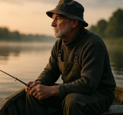Photo of an older man sitting in a boat with a fishing pole in his hands.