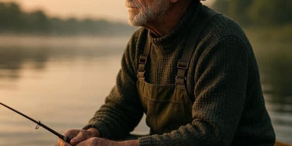 Photo of an older man sitting in a boat with a fishing pole in his hands.