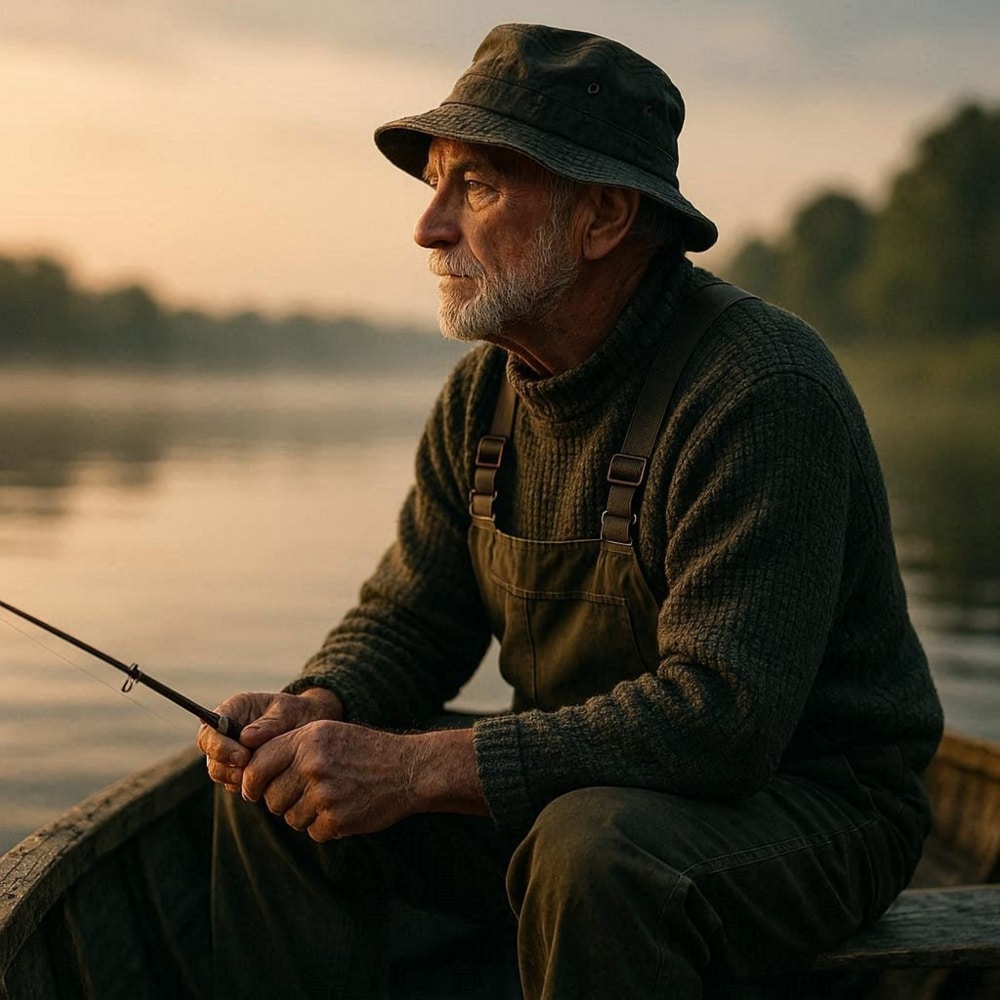 Photo of an older man sitting in a boat with a fishing pole in his hands.