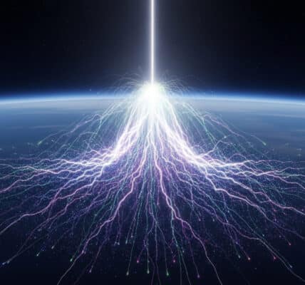 Futuristic illustration of a galactic beam of light breaking into tentacles that target the planet.