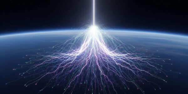 Futuristic illustration of a galactic beam of light breaking into tentacles that target the planet.