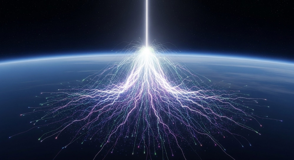 Futuristic illustration of a galactic beam of light breaking into tentacles that target the planet.