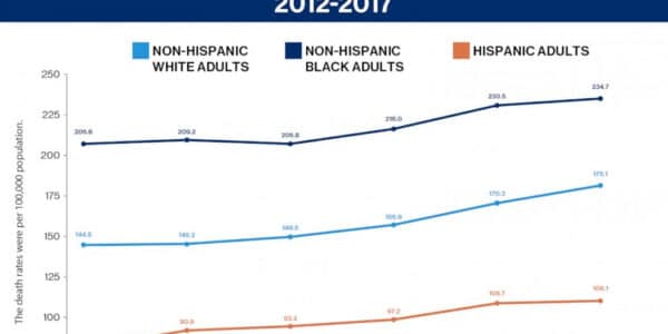 Chart showing the increase in mortality from 2012-2017 for people aged 25-44 in the United States.