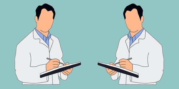 An illustration of two doctors with blank faces writing in their pads, taking notes.