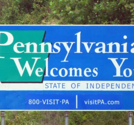 Photograph of "Pennsylvania Welcomes You" road sign.