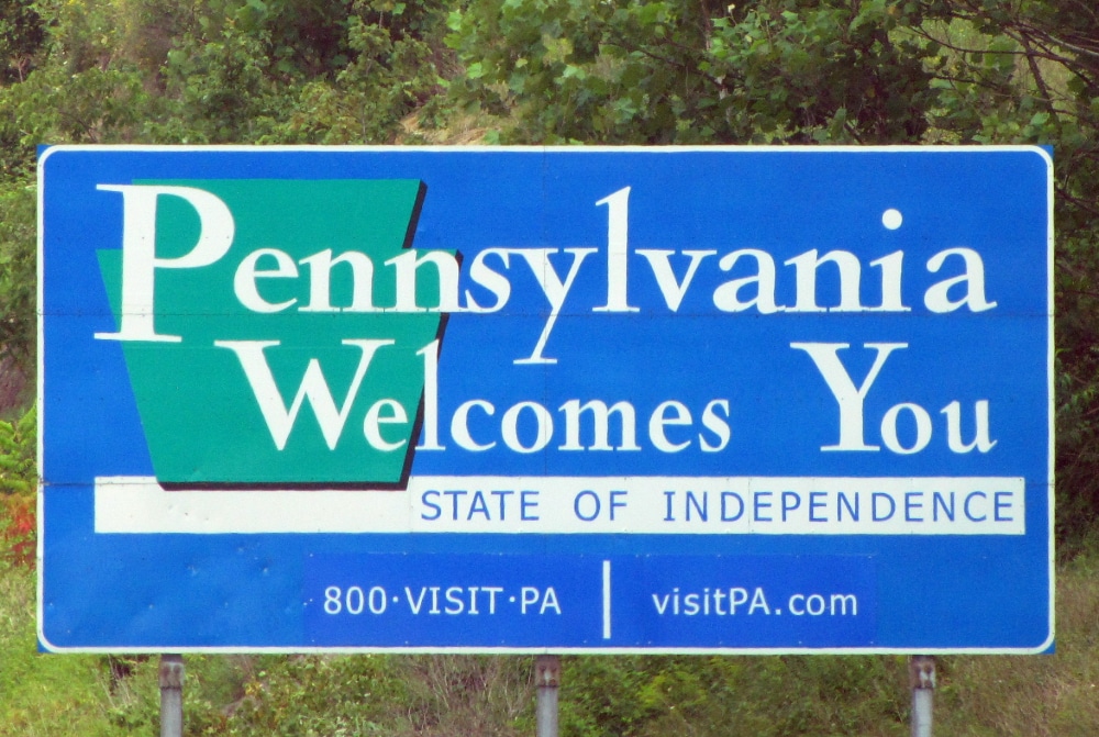 Photograph of "Pennsylvania Welcomes You" road sign.